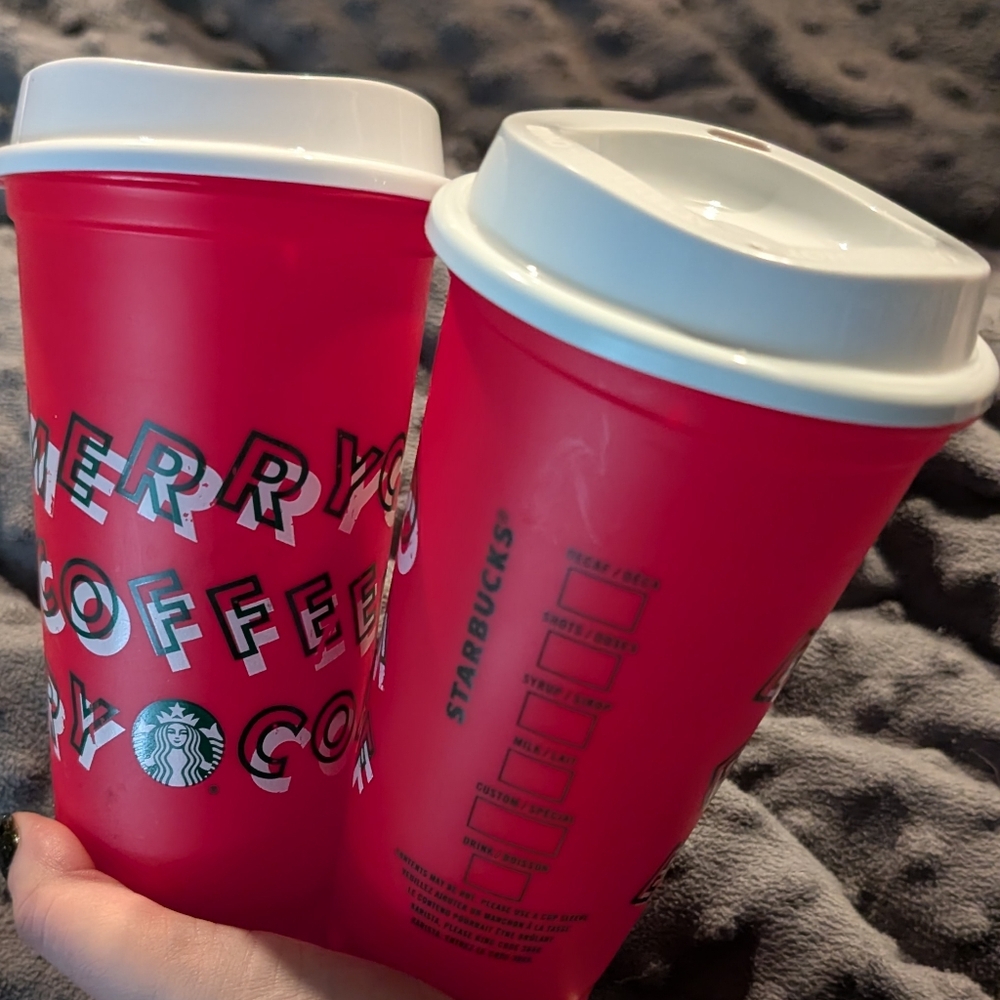 Starbucks Pair of Red Holiday Cups Reusable | 16 oz Grande 2019 Limited Edition
